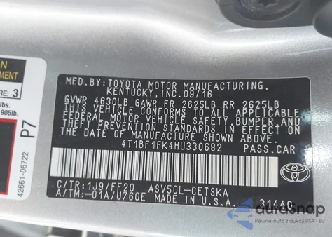 2017 Toyota Camry Se from USA, damaged, VIN 4T1BF1FK4HU330682